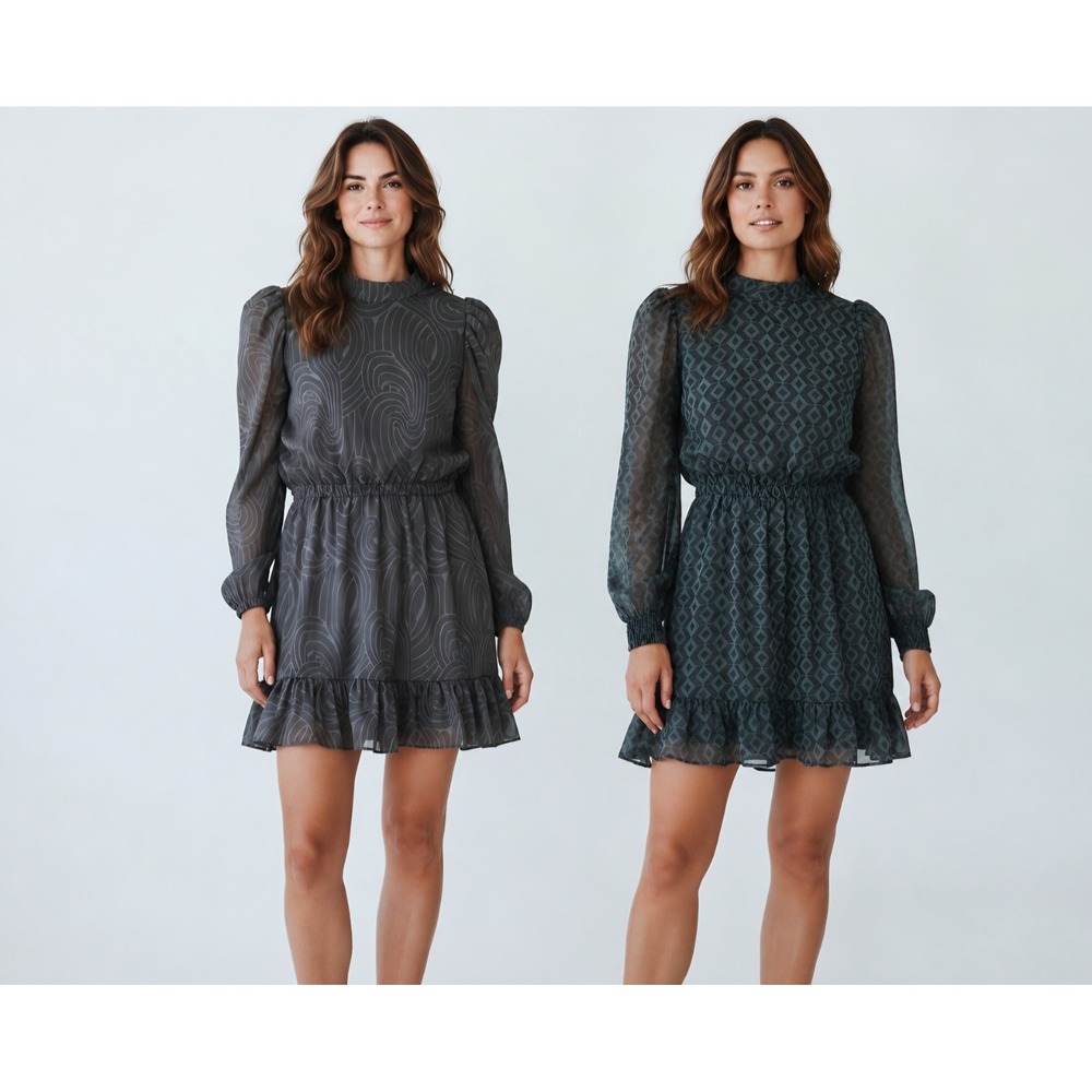 2 Zara Women Puff Sleeve Mock Neck Dresses retro boho romantic fit and flare S